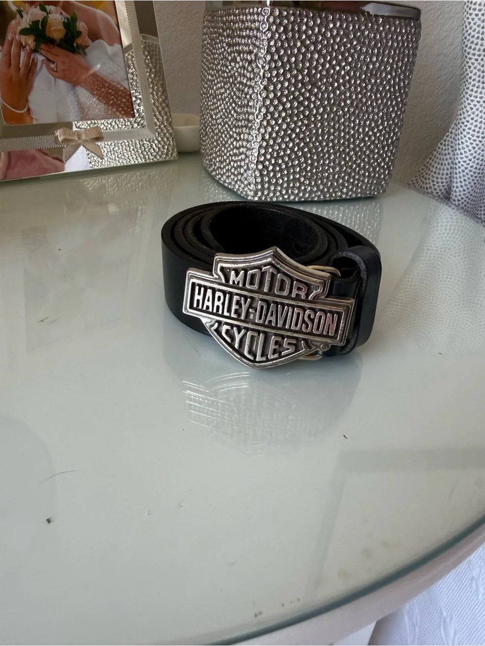 Harley-Davidson Black Leather Belt with Silver Shield Buckle 38 inch